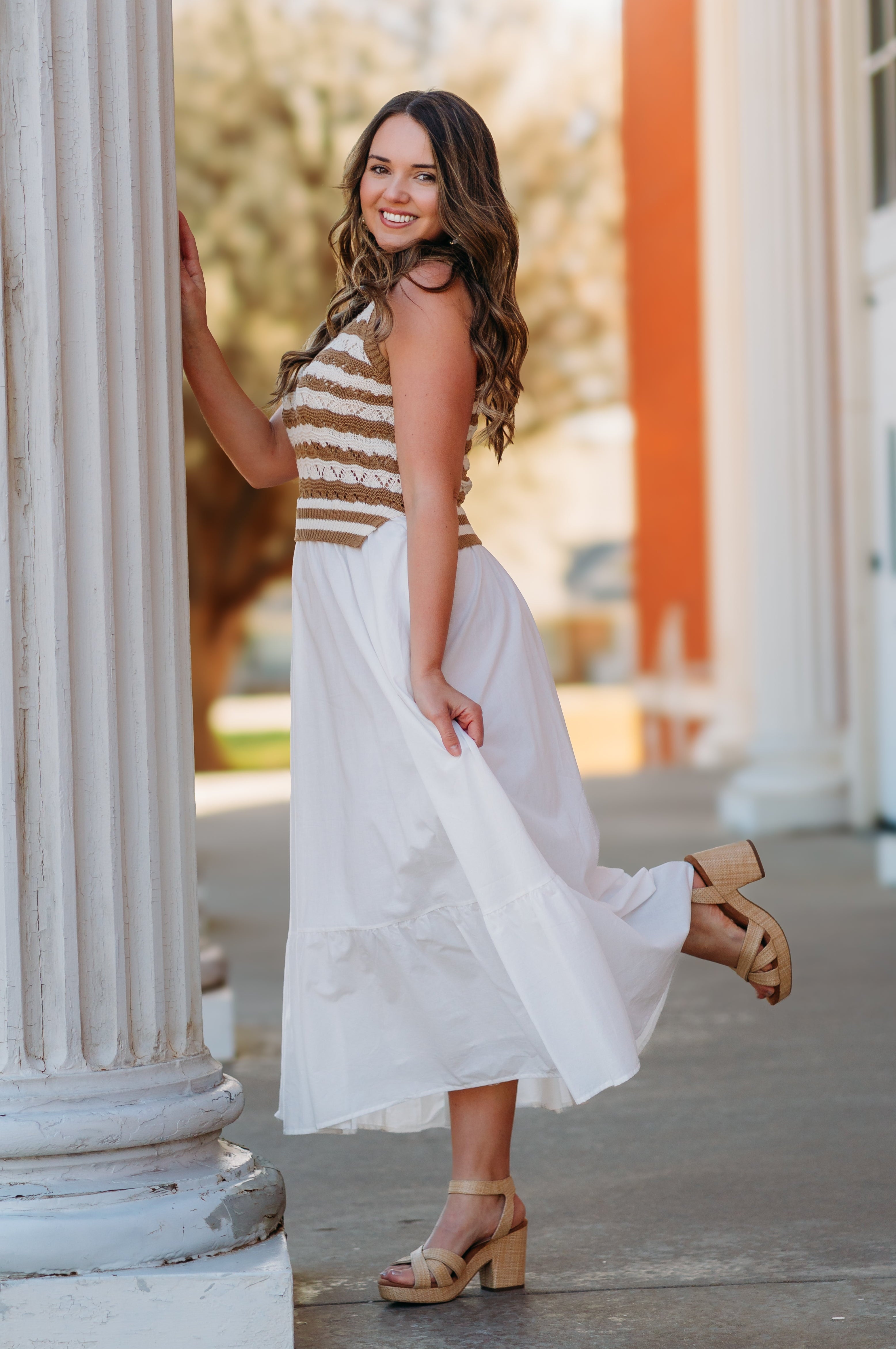 Elan Crochet Dress in White/Tan