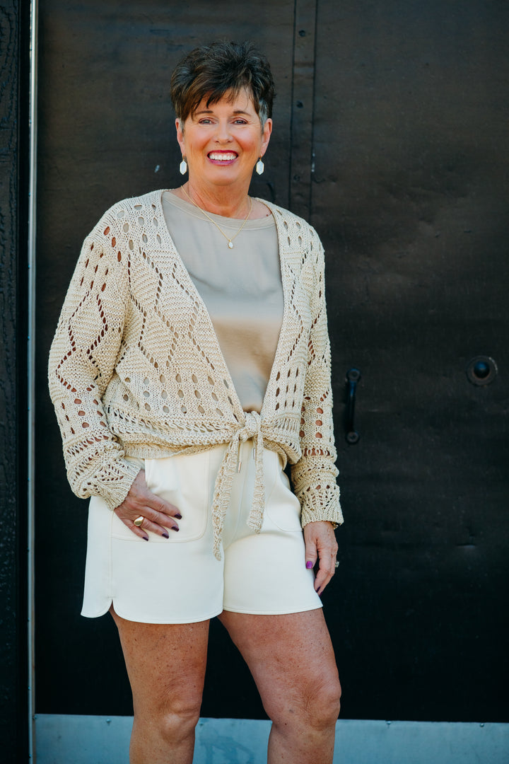 Esqualo: Fancy Open Knit Lurex Bolero in Light Sand 02205