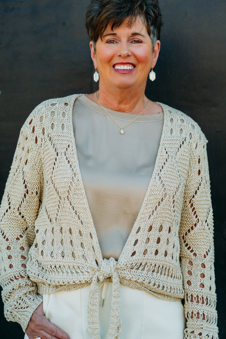 Esqualo: Fancy Open Knit Lurex Bolero in Light Sand 02205