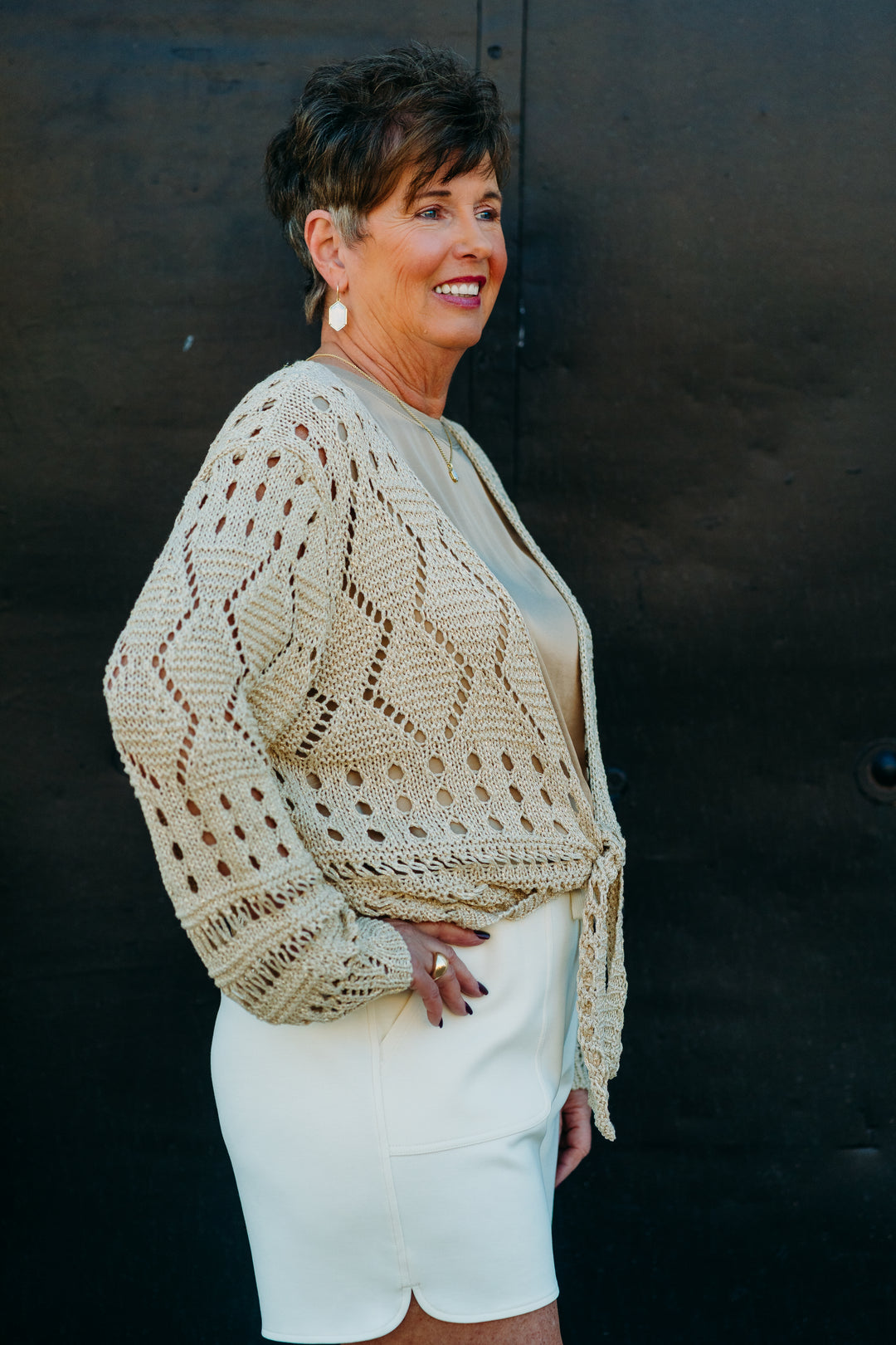 Esqualo: Fancy Open Knit Lurex Bolero in Light Sand 02205