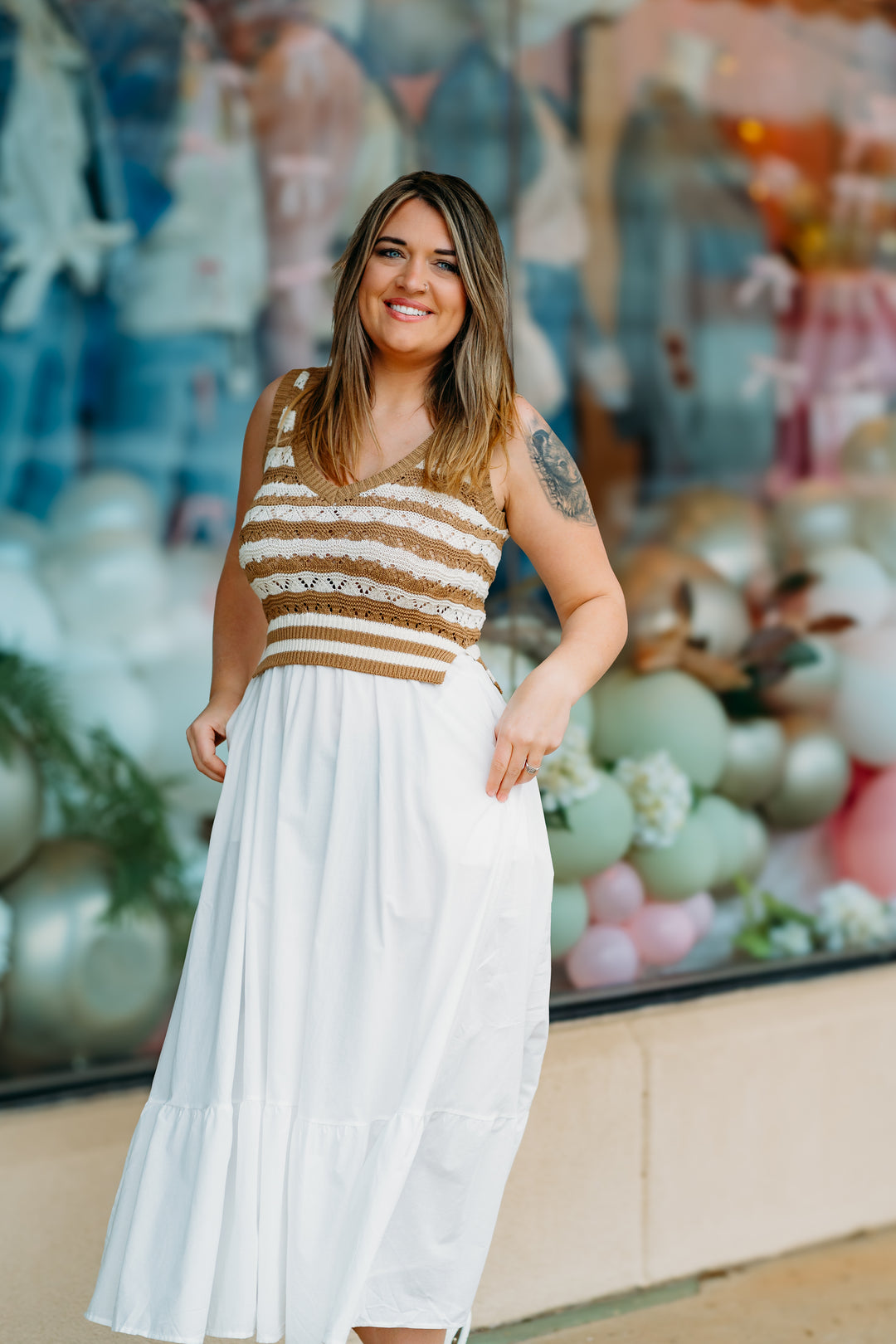 Elan: Crochet Dress in White/Tan