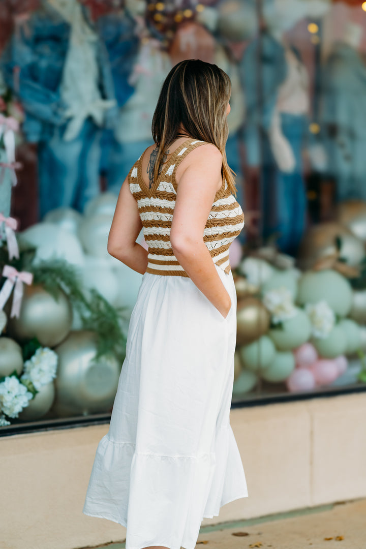 Elan: Crochet Dress in White/Tan
