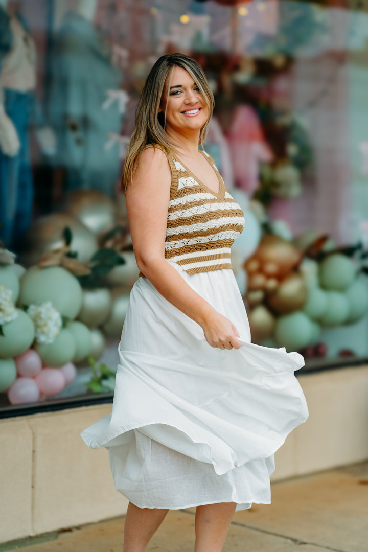 Elan: Crochet Dress in White/Tan