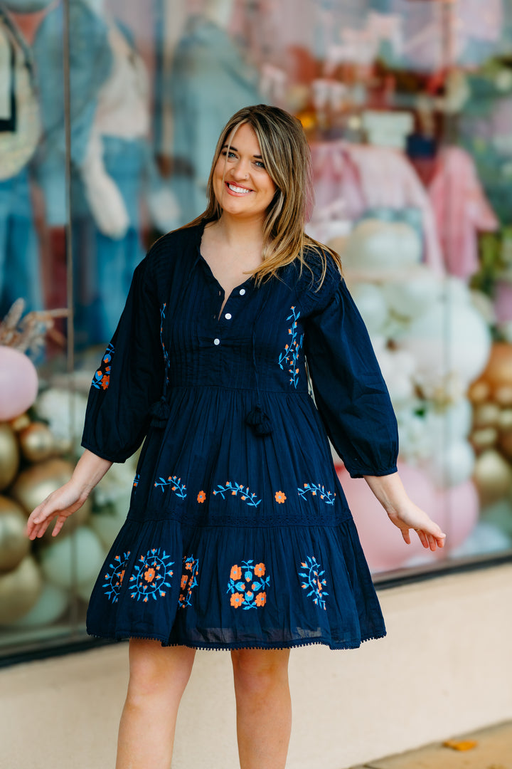 Karen Kane: Embroidered Lace Trim Dress in Navy