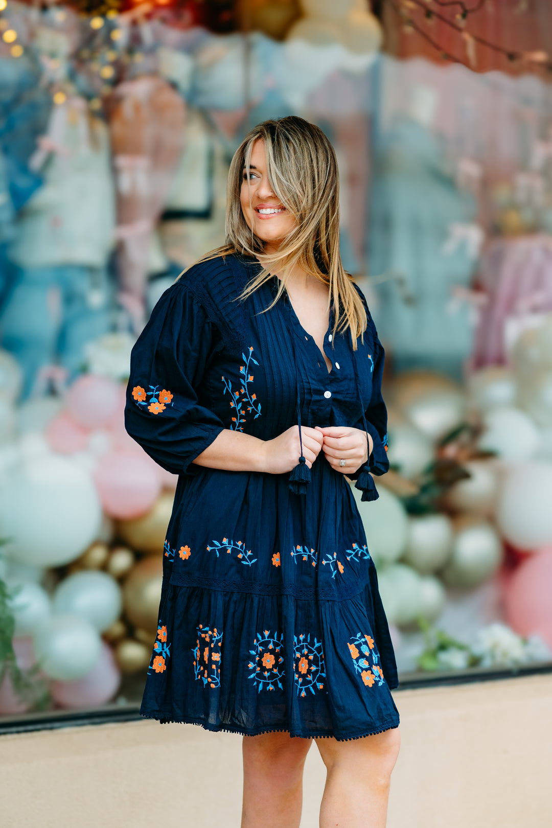 Karen Kane: Embroidered Lace Trim Dress in Navy