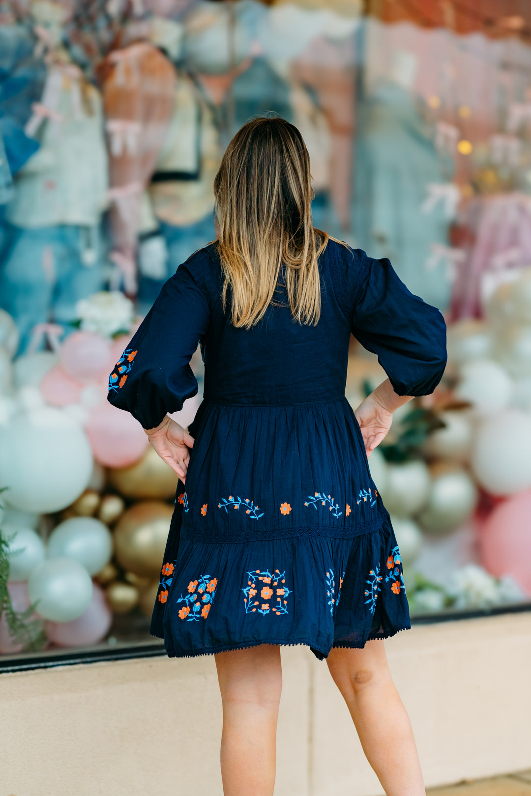 Karen Kane: Embroidered Lace Trim Dress in Navy