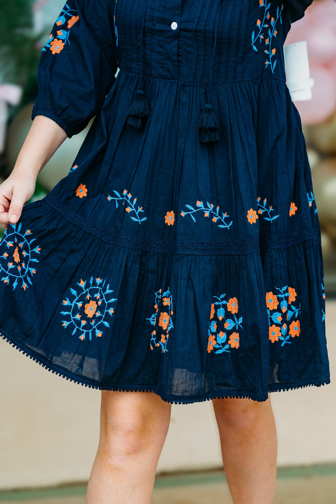 Karen Kane: Embroidered Lace Trim Dress in Navy