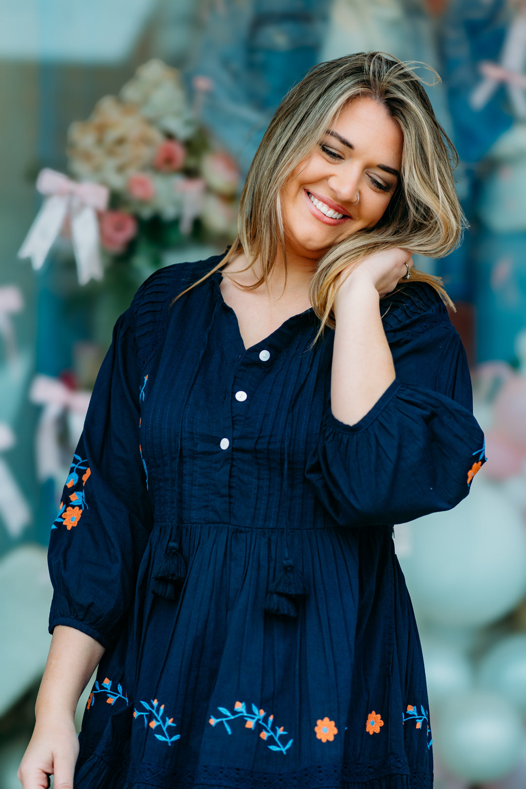 Karen Kane: Embroidered Lace Trim Dress in Navy