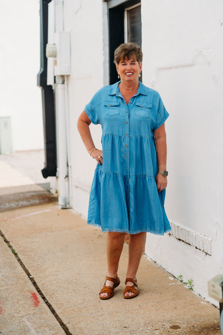 Multiples: (Liberty) Cuffed Cap Sleeve Dolman Tiered Solid Twill Shirtdres in Light Indigo M25113DM