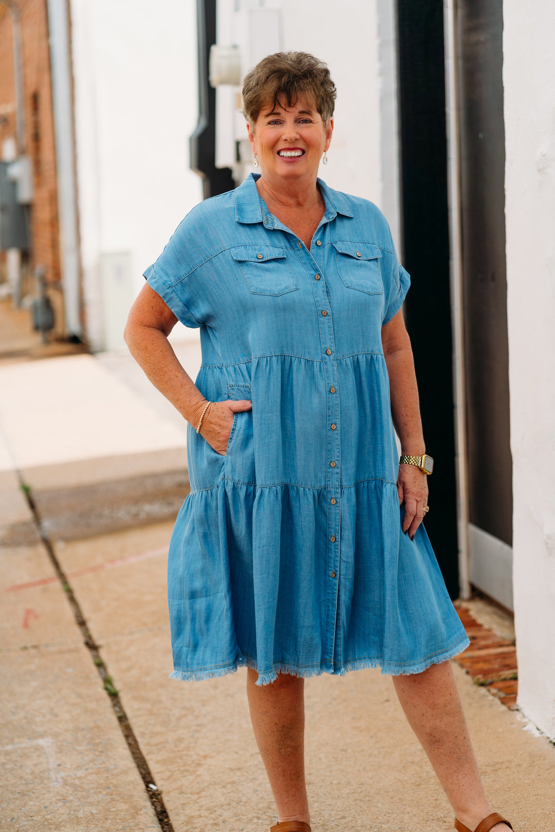 Multiples: (Liberty) Cuffed Cap Sleeve Dolman Tiered Solid Twill Shirtdres in Light Indigo M25113DM