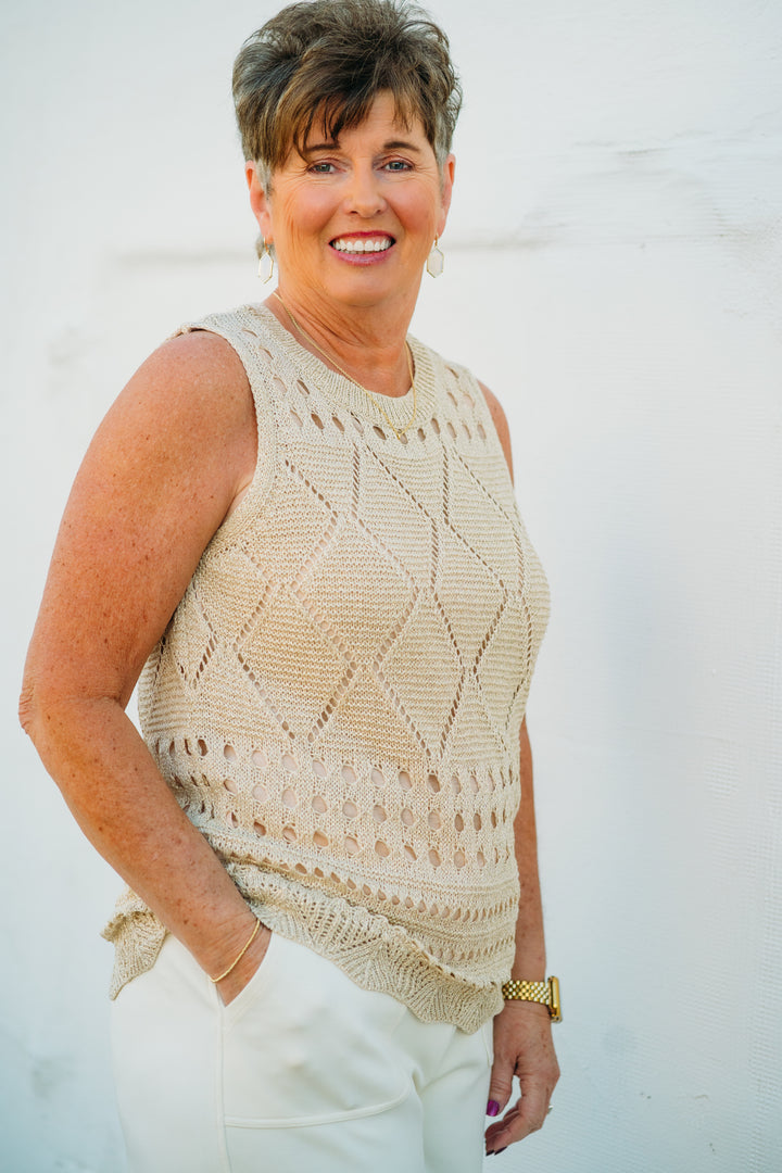 Esqualo: Fancy Open Knit Lurex Tank in Light Sand 02206