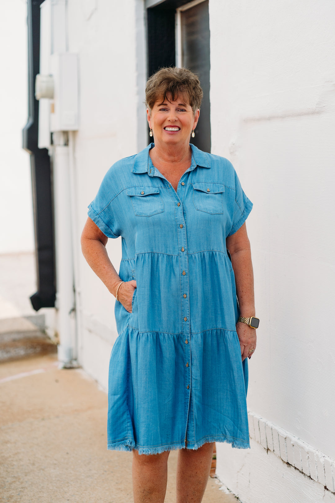 Multiples: (Liberty) Cuffed Cap Sleeve Dolman Tiered Solid Twill Shirtdres in Light Indigo M25113DM