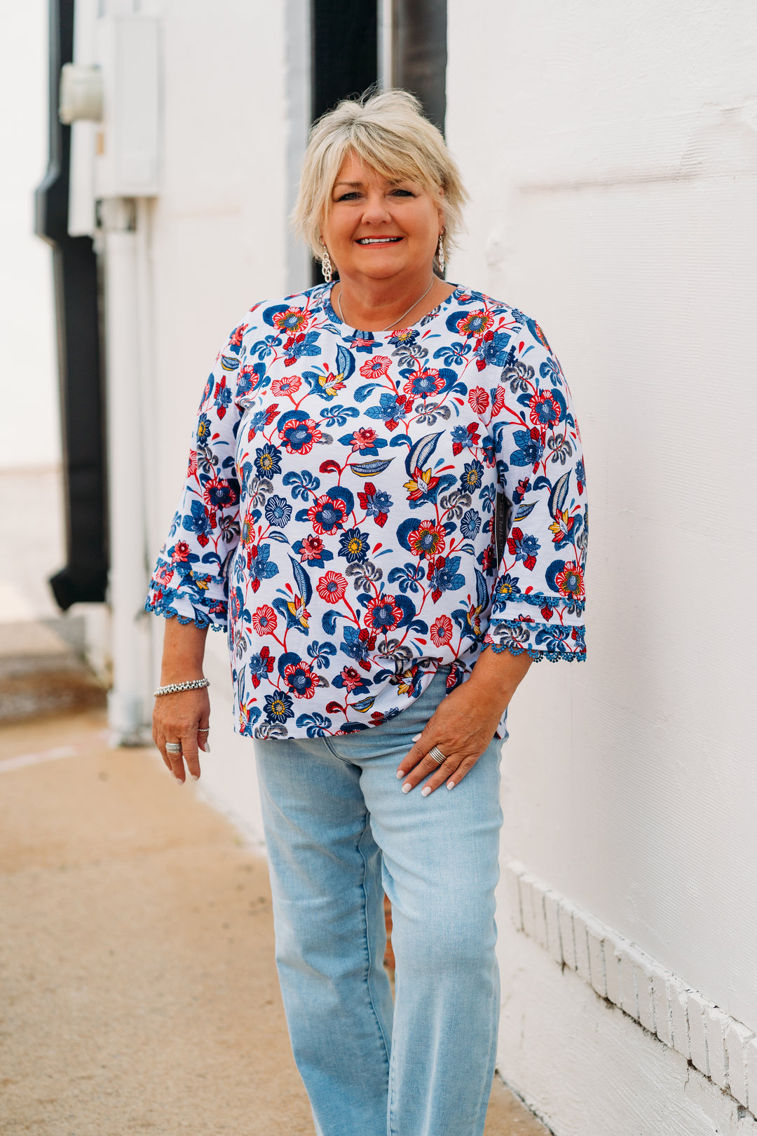 Multiples: (Liberty) Scoop Neck Print Top With Lace Trim M25512TM