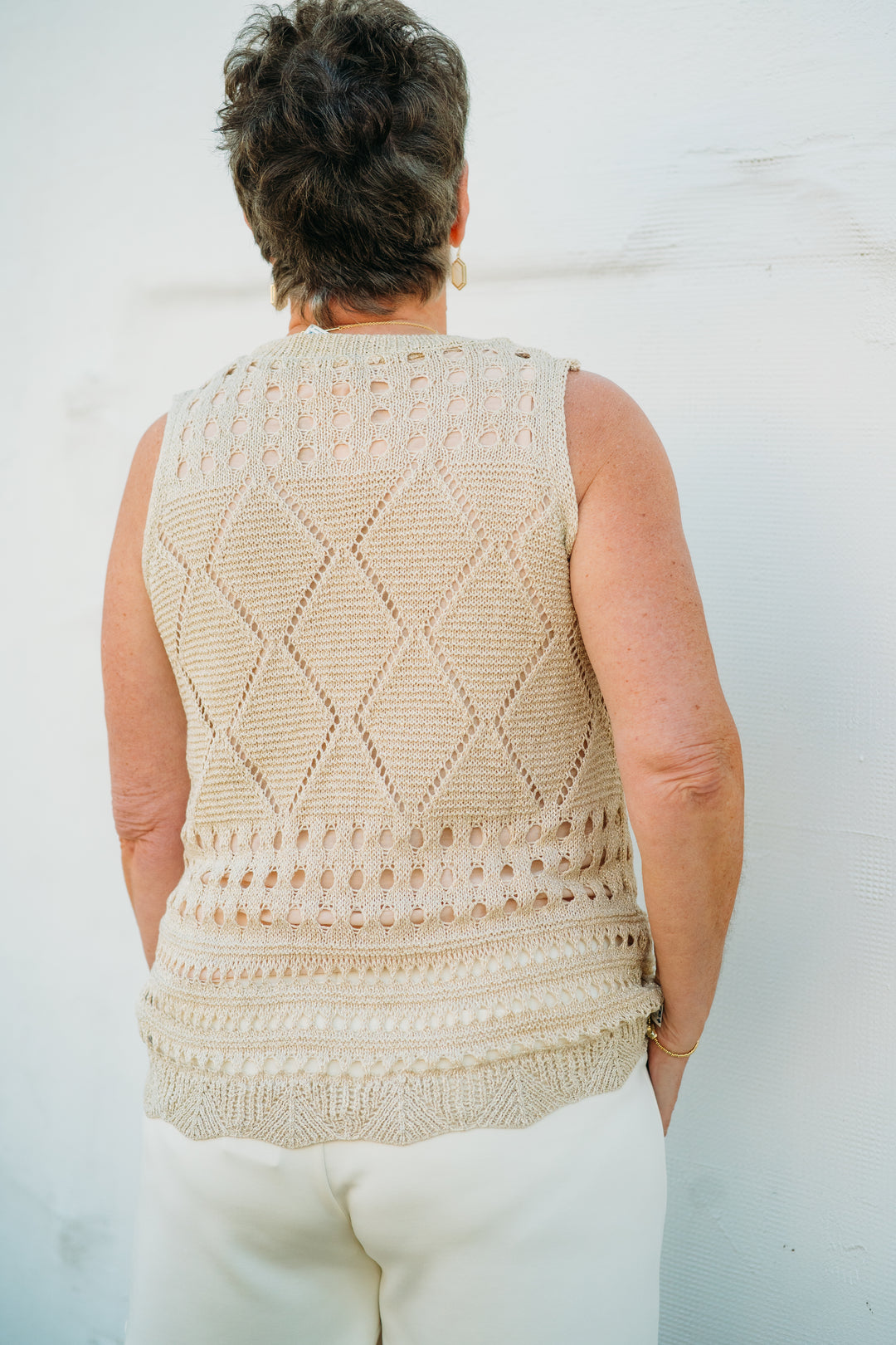 Esqualo: Fancy Open Knit Lurex Tank in Light Sand 02206