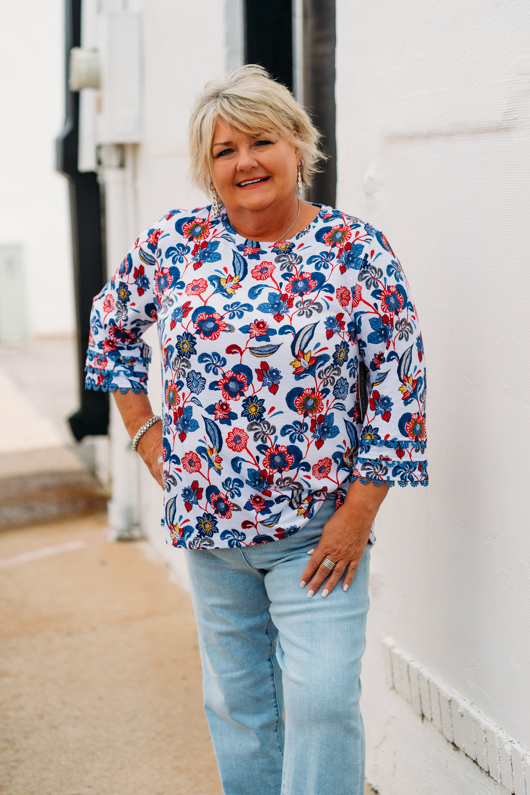 Multiples: (Liberty) Scoop Neck Print Top With Lace Trim M25512TM