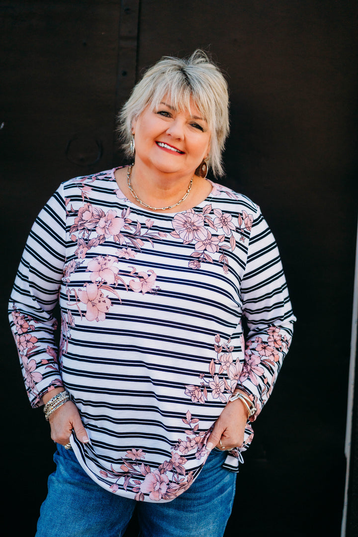 Multiples: 3/4 Sleeve Bateau Side Top in Multi M15608TM