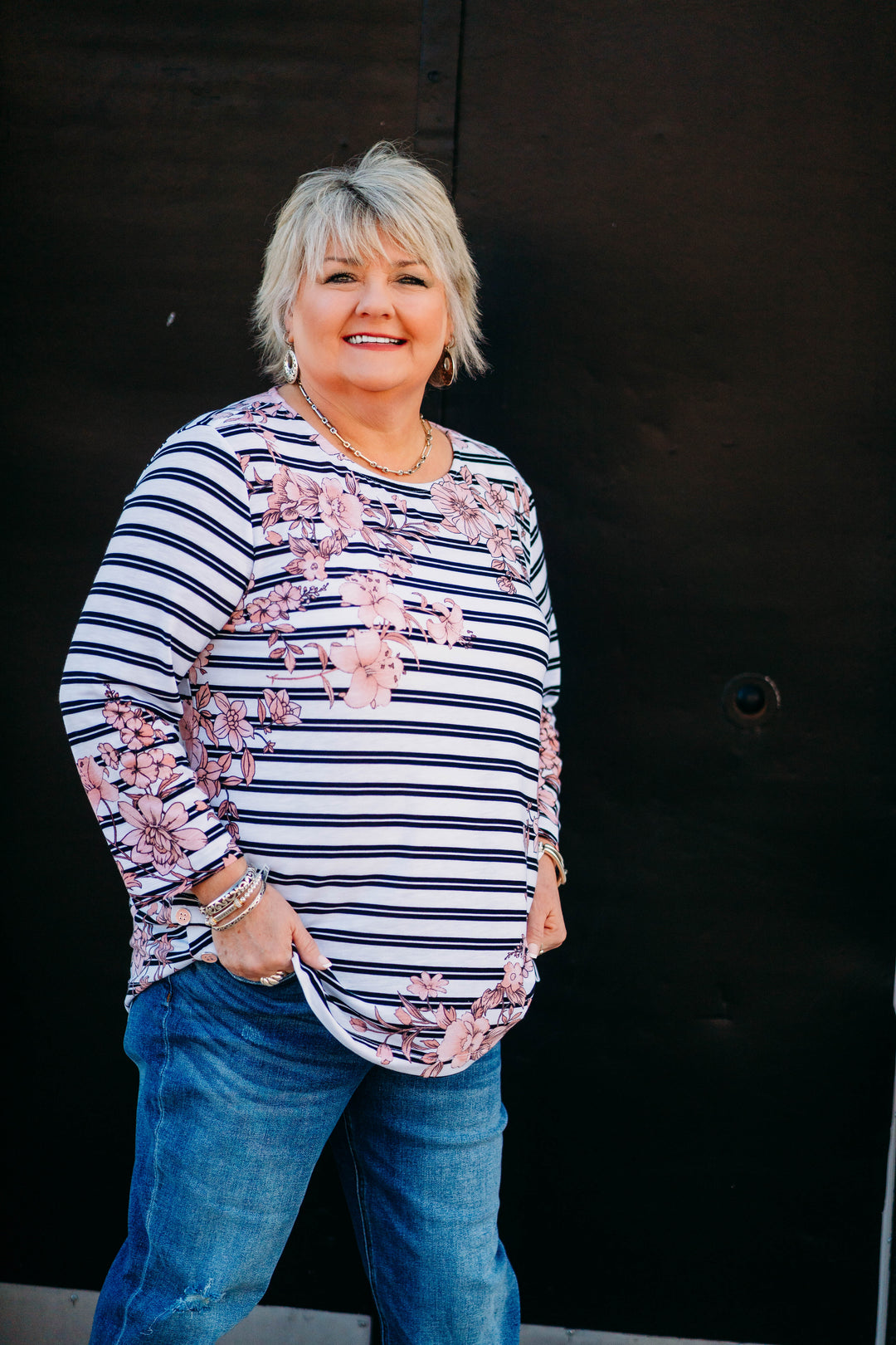 Multiples: 3/4 Sleeve Bateau Side Top in Multi M15608TM