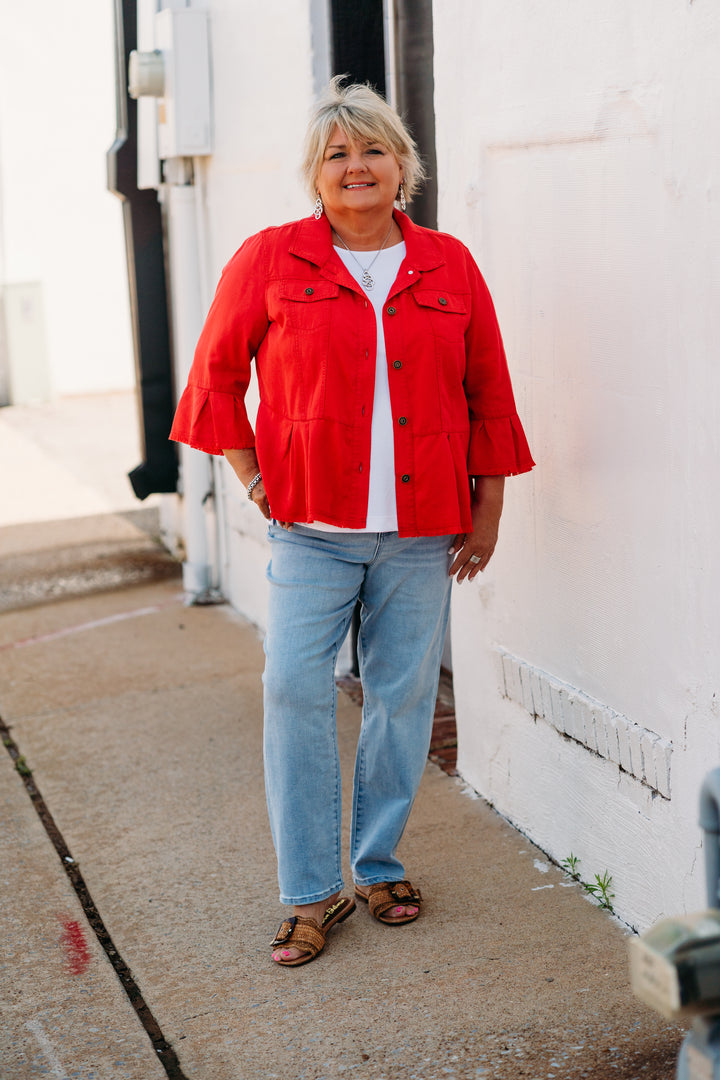Multiples: (Liberty) Flounce Sleeve Peplum Jacket in Fiery Red M25506JM