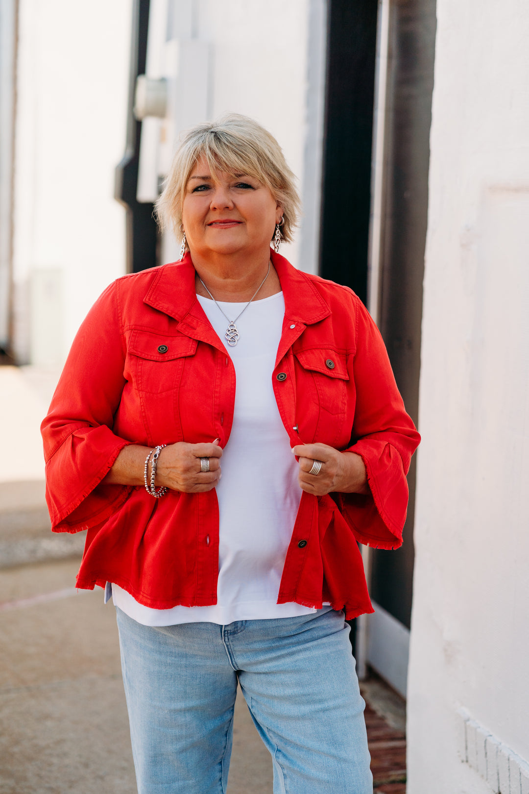 Multiples: (Liberty) Flounce Sleeve Peplum Jacket in Fiery Red M25506JM