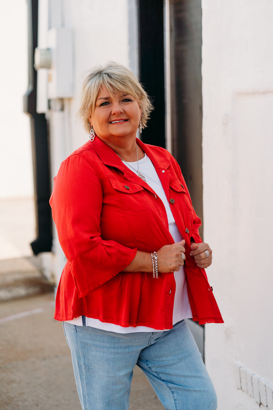 Multiples: (Liberty) Flounce Sleeve Peplum Jacket in Fiery Red M25506JM