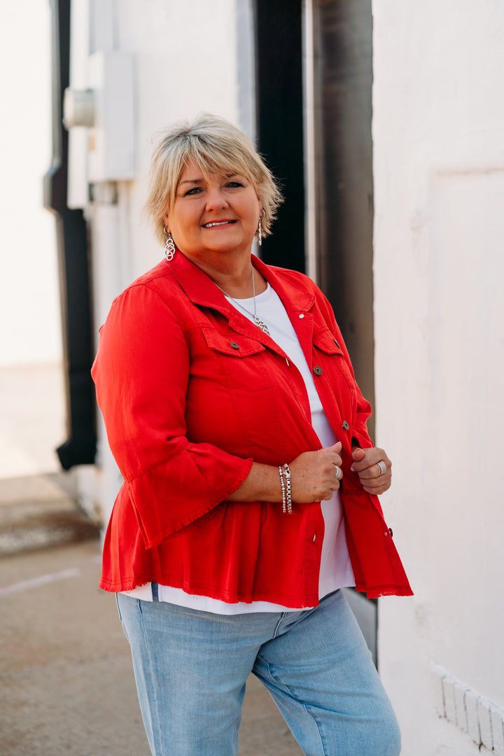 Multiples: (Liberty) Flounce Sleeve Peplum Jacket in Fiery Red M25506JM