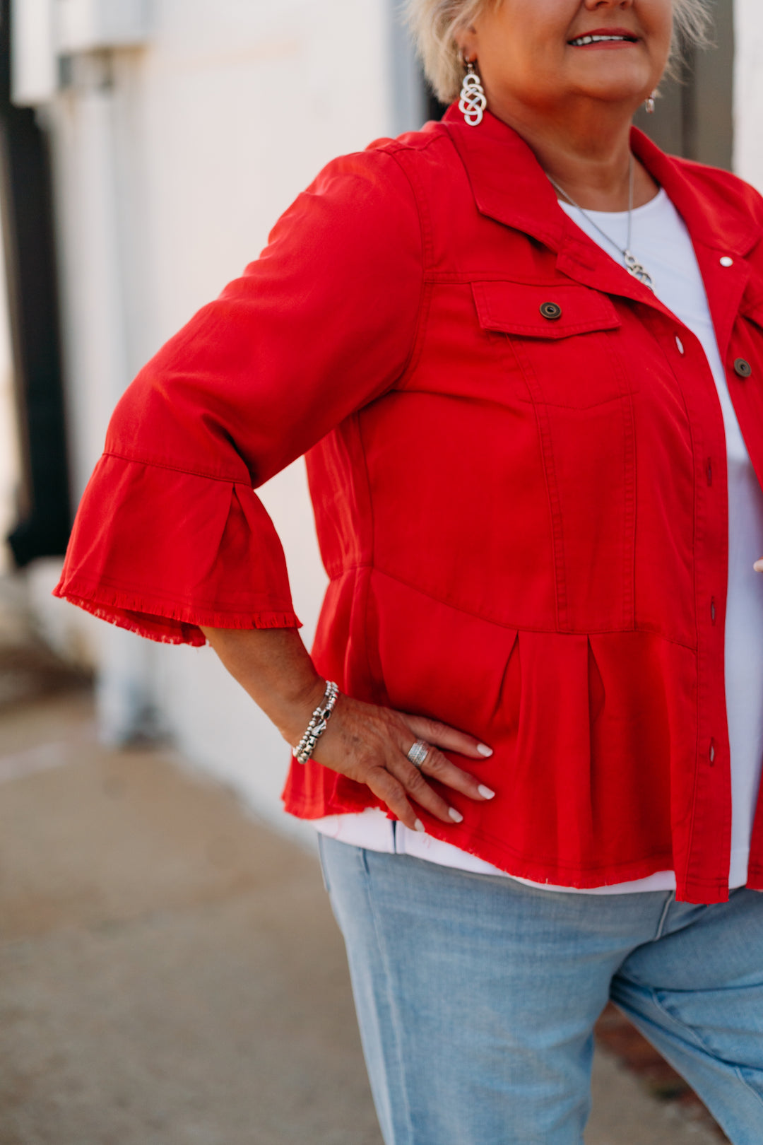 Multiples: (Liberty) Flounce Sleeve Peplum Jacket in Fiery Red M25506JM