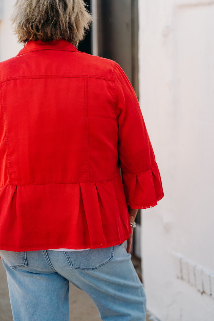 Multiples: (Liberty) Flounce Sleeve Peplum Jacket in Fiery Red M25506JM