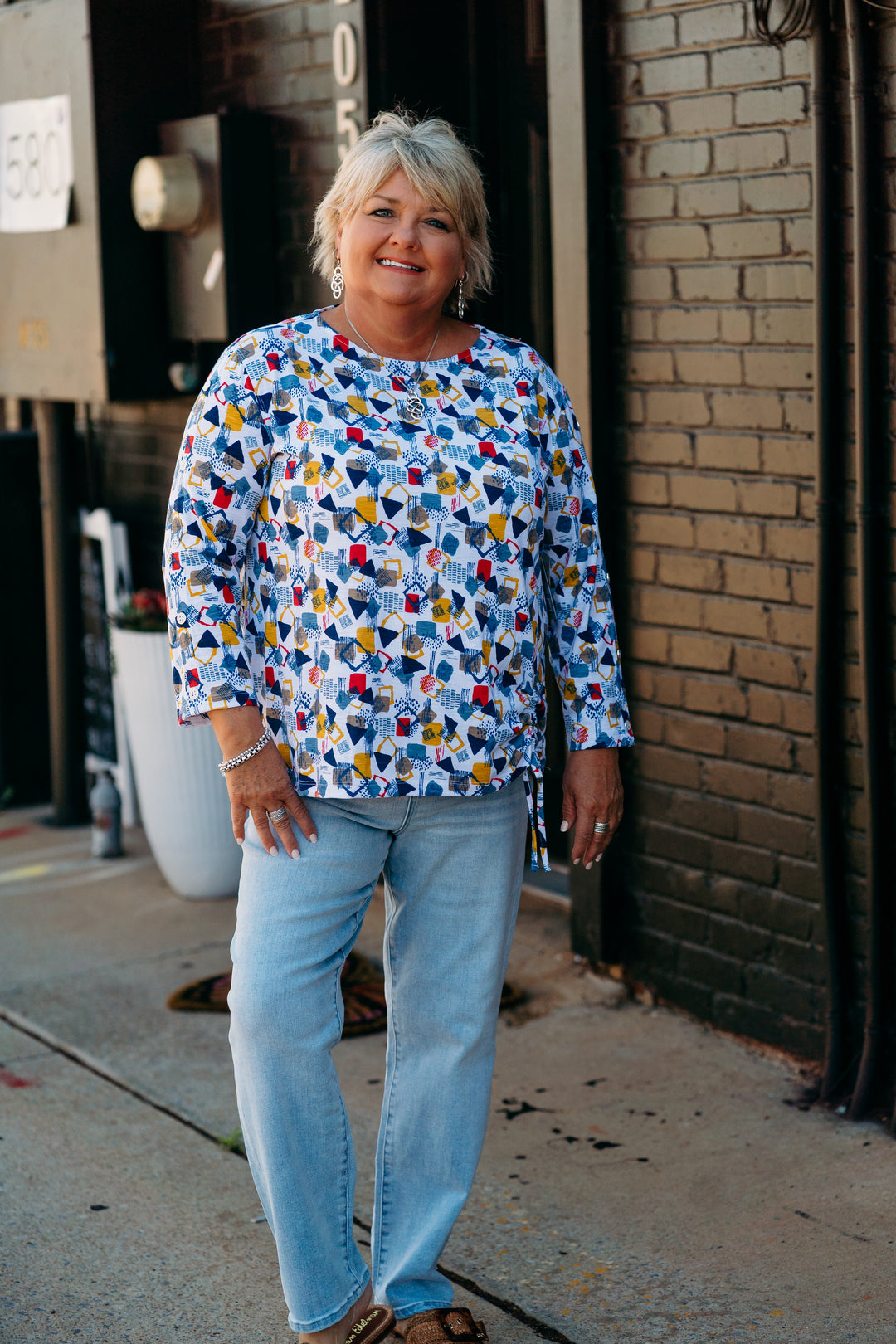 Multiples: (Liberty) Multi 3/4 Sleeve Drop Shoulder Bateau Top M25505TM