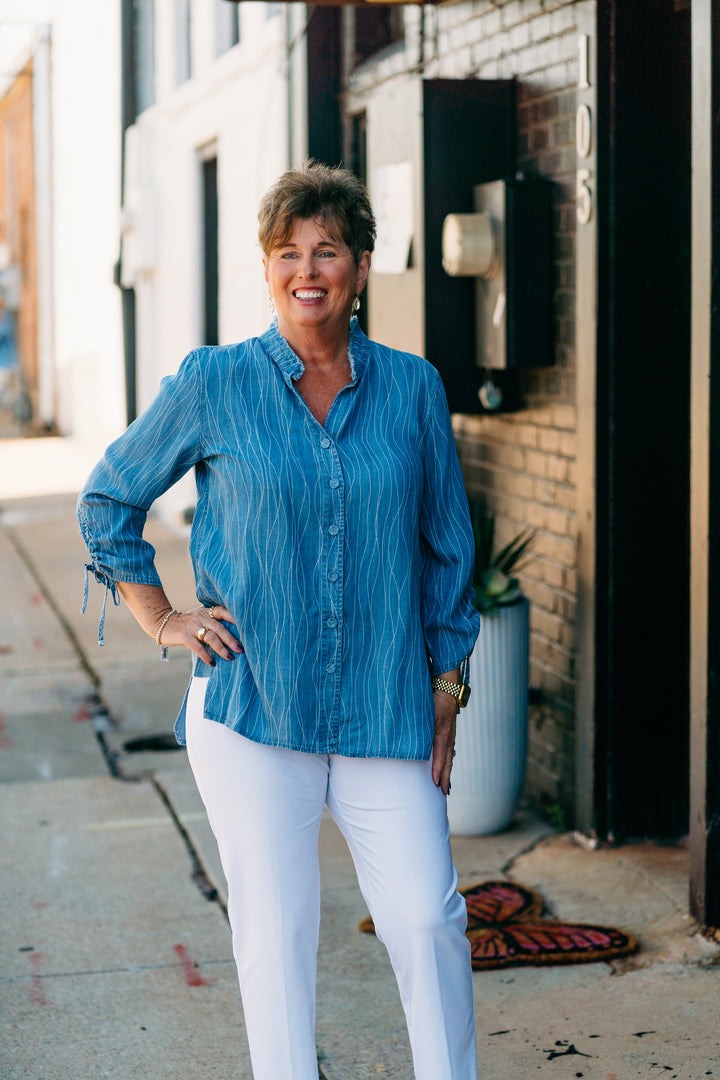 Multiples: (Liberty) 3/4 Drawstring Sleeve Button Front Shirt in DENPRT M25503BM