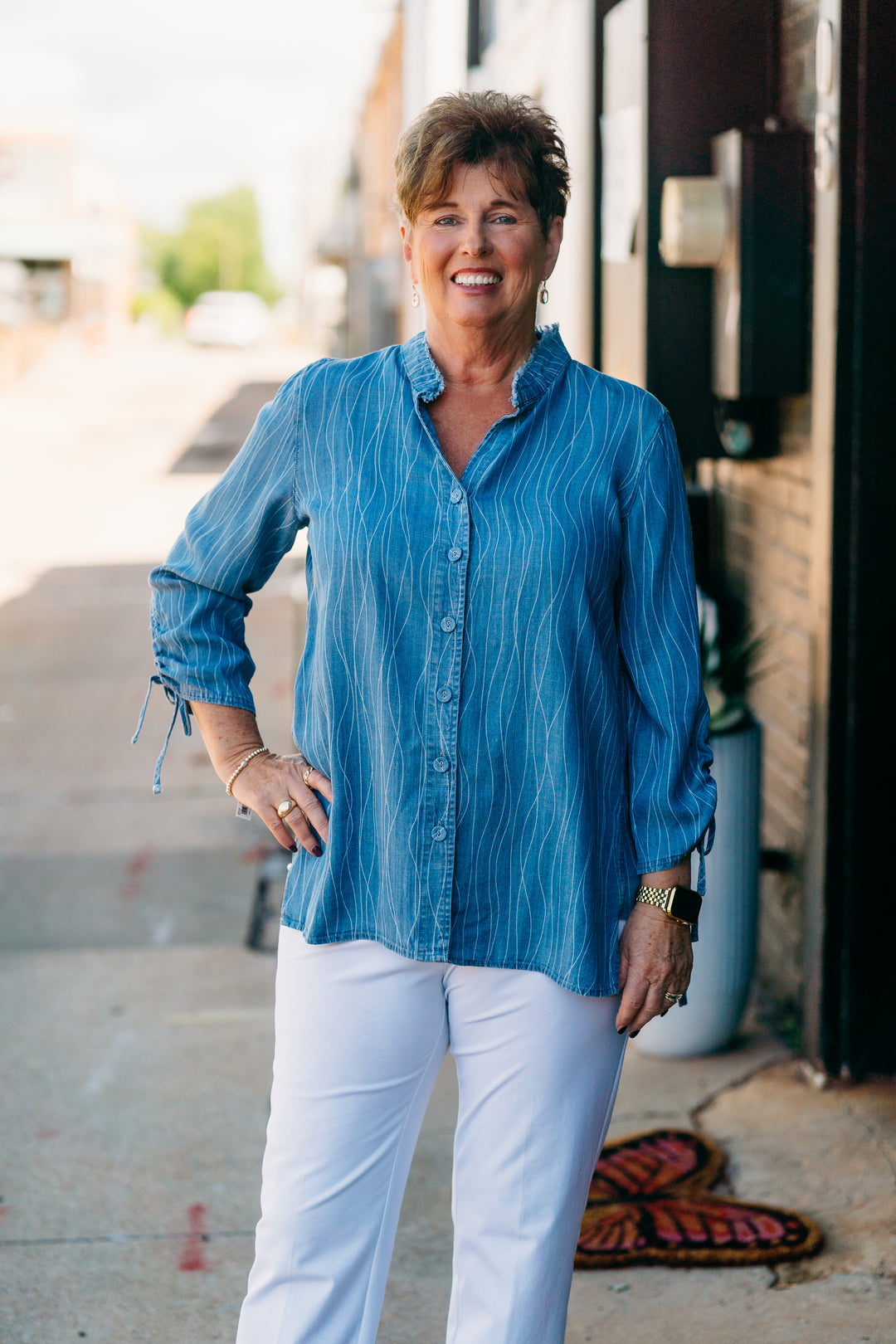 Multiples: (Liberty) 3/4 Drawstring Sleeve Button Front Shirt in DENPRT M25503BM