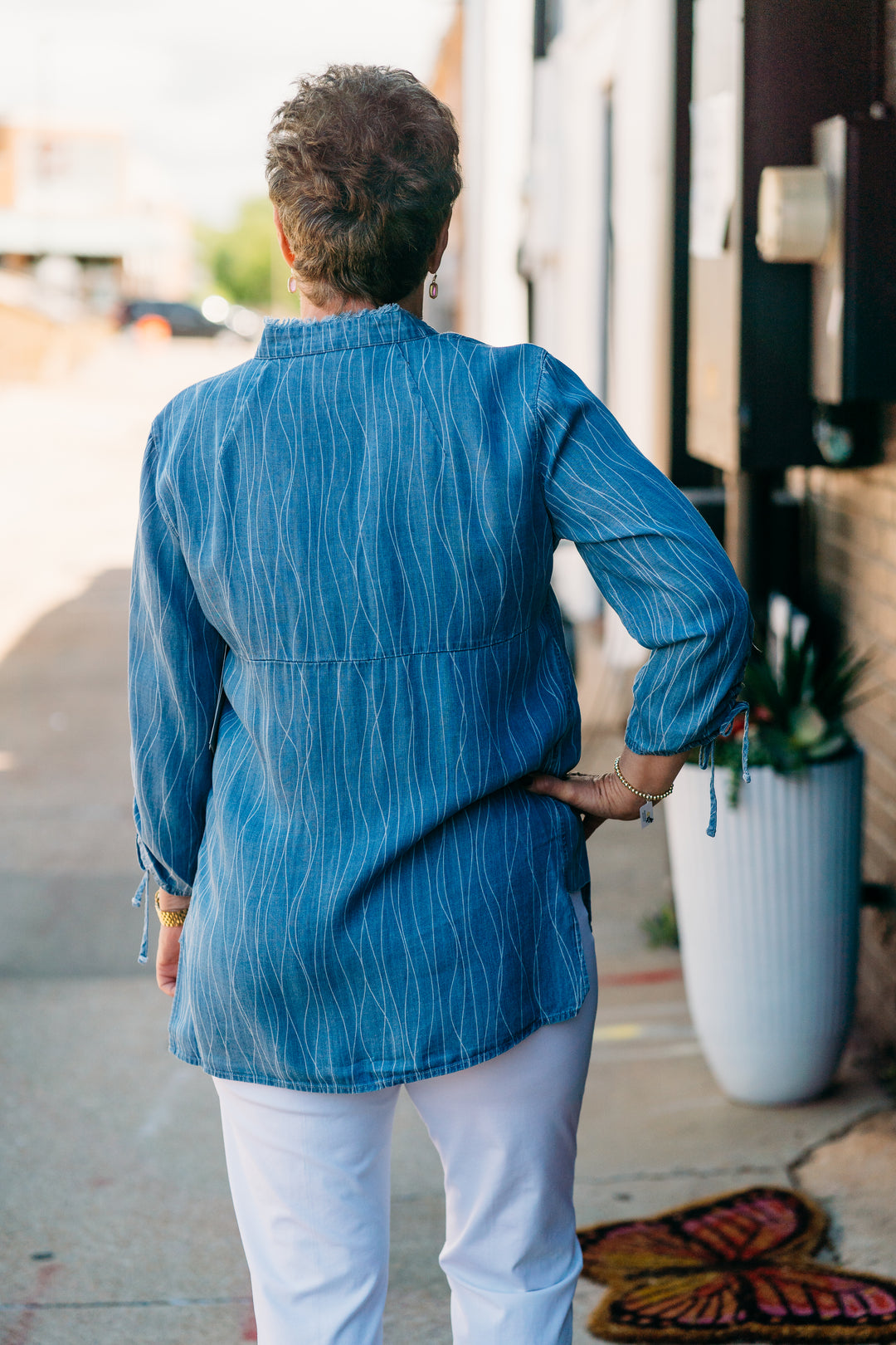 Multiples: (Liberty) 3/4 Drawstring Sleeve Button Front Shirt in DENPRT M25503BM