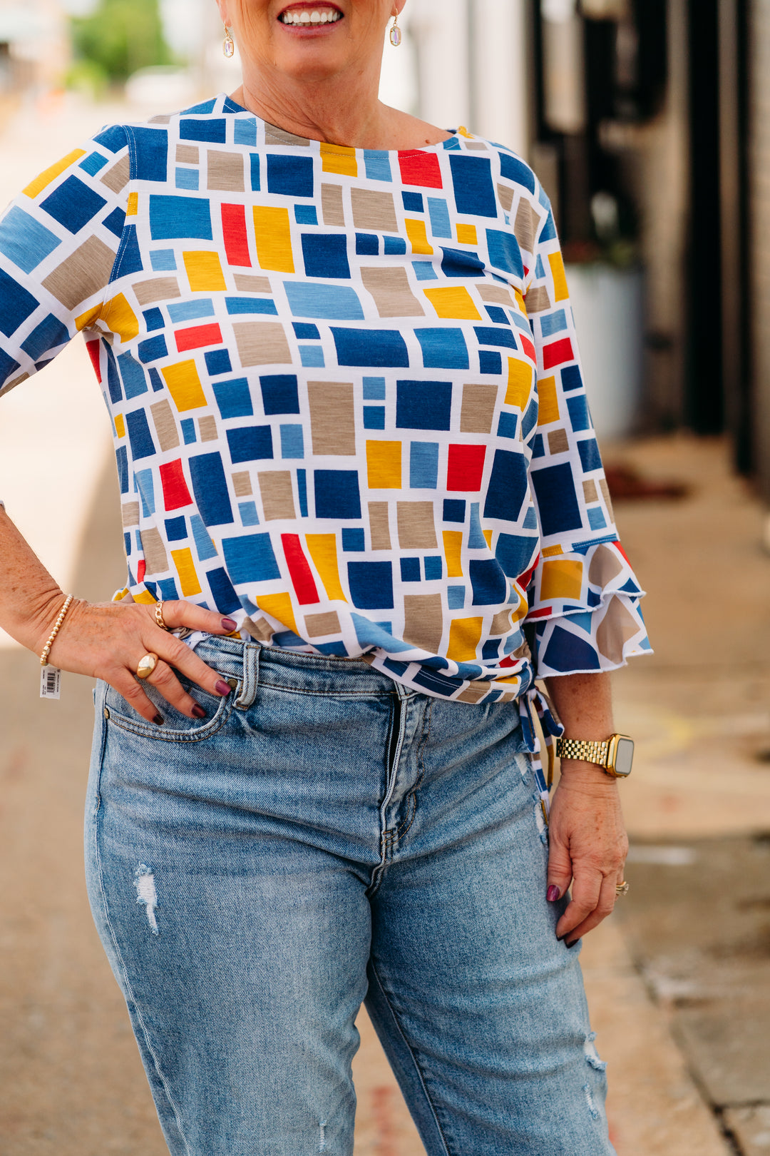 Multiples: (Liberty) Flounce Sleeve Bateau Drawstring Side Top M25110TM