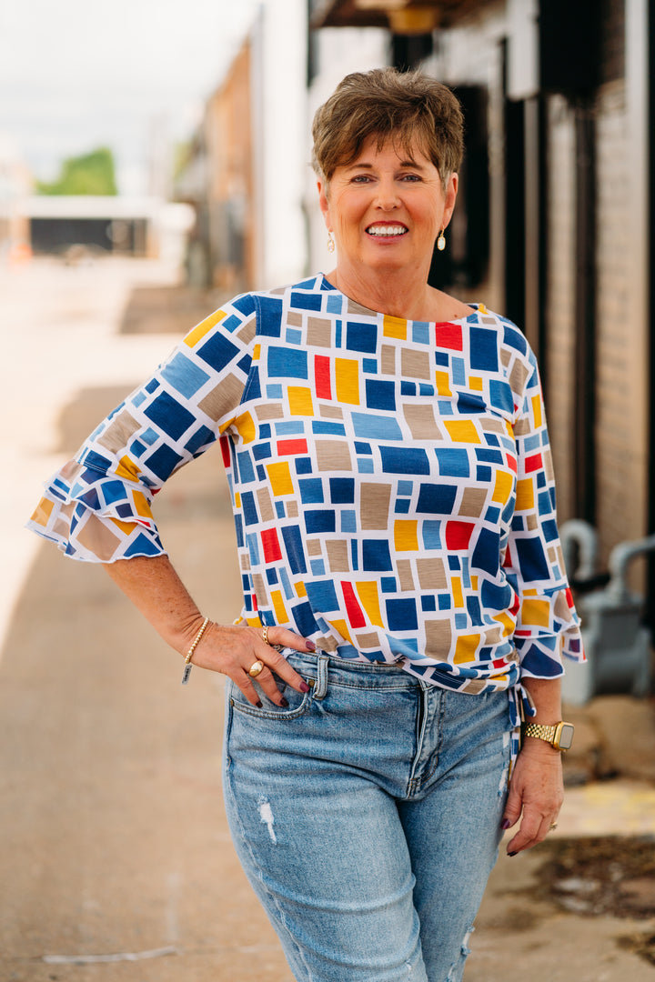 Multiples: (Liberty) Flounce Sleeve Bateau Drawstring Side Top M25110TM