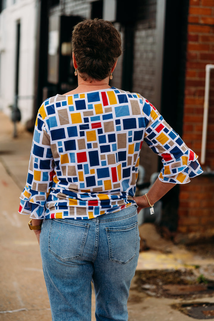 Multiples: (Liberty) Flounce Sleeve Bateau Drawstring Side Top M25110TM