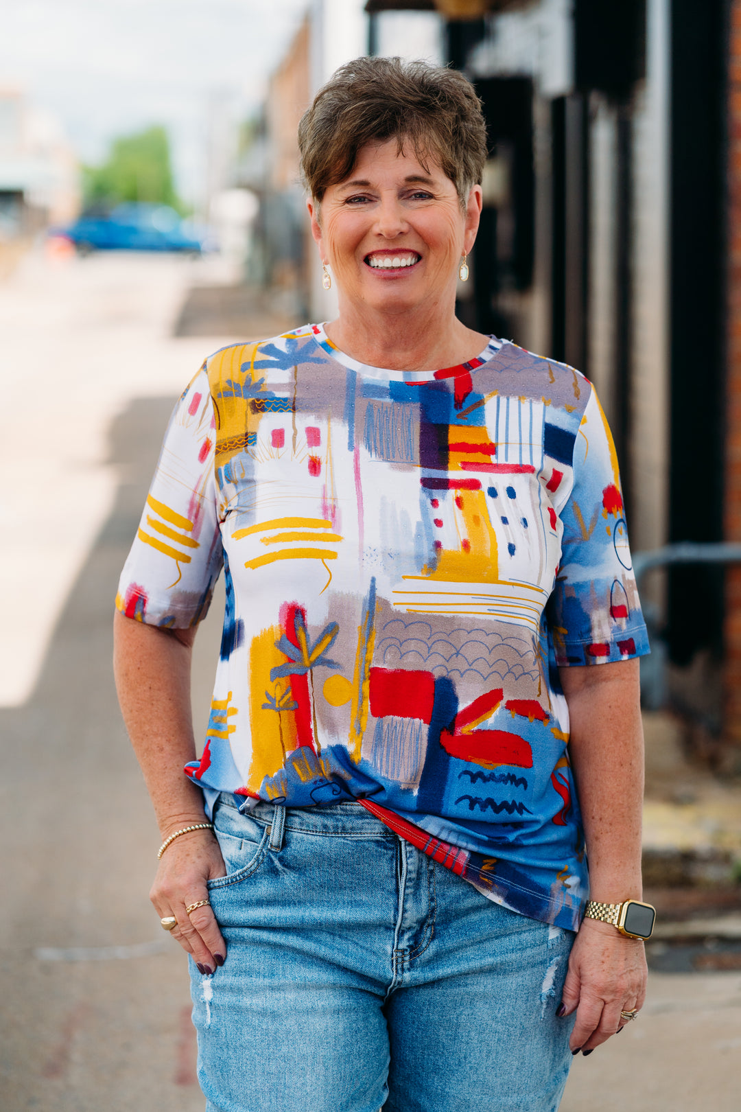 Multiples: (Liberty) 3/4 Sleeve Scoop Embellished Placement Top in Multi M25507TM