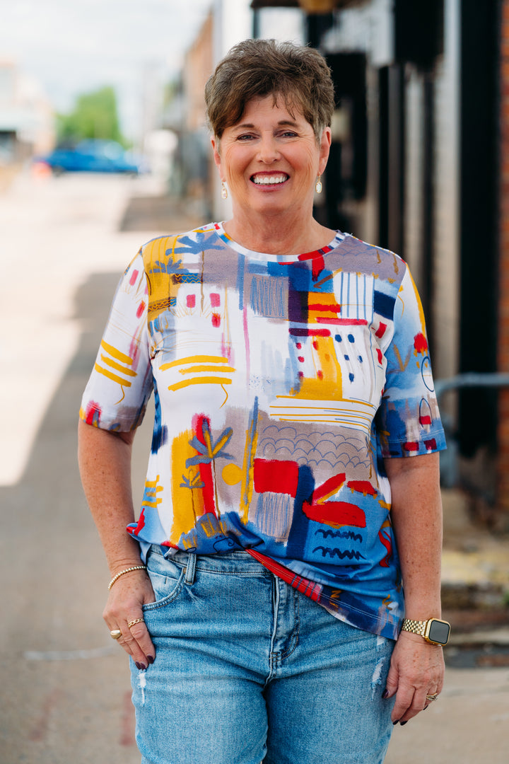 Multiples: (Liberty) 3/4 Sleeve Scoop Embellished Placement Top in Multi M25507TM