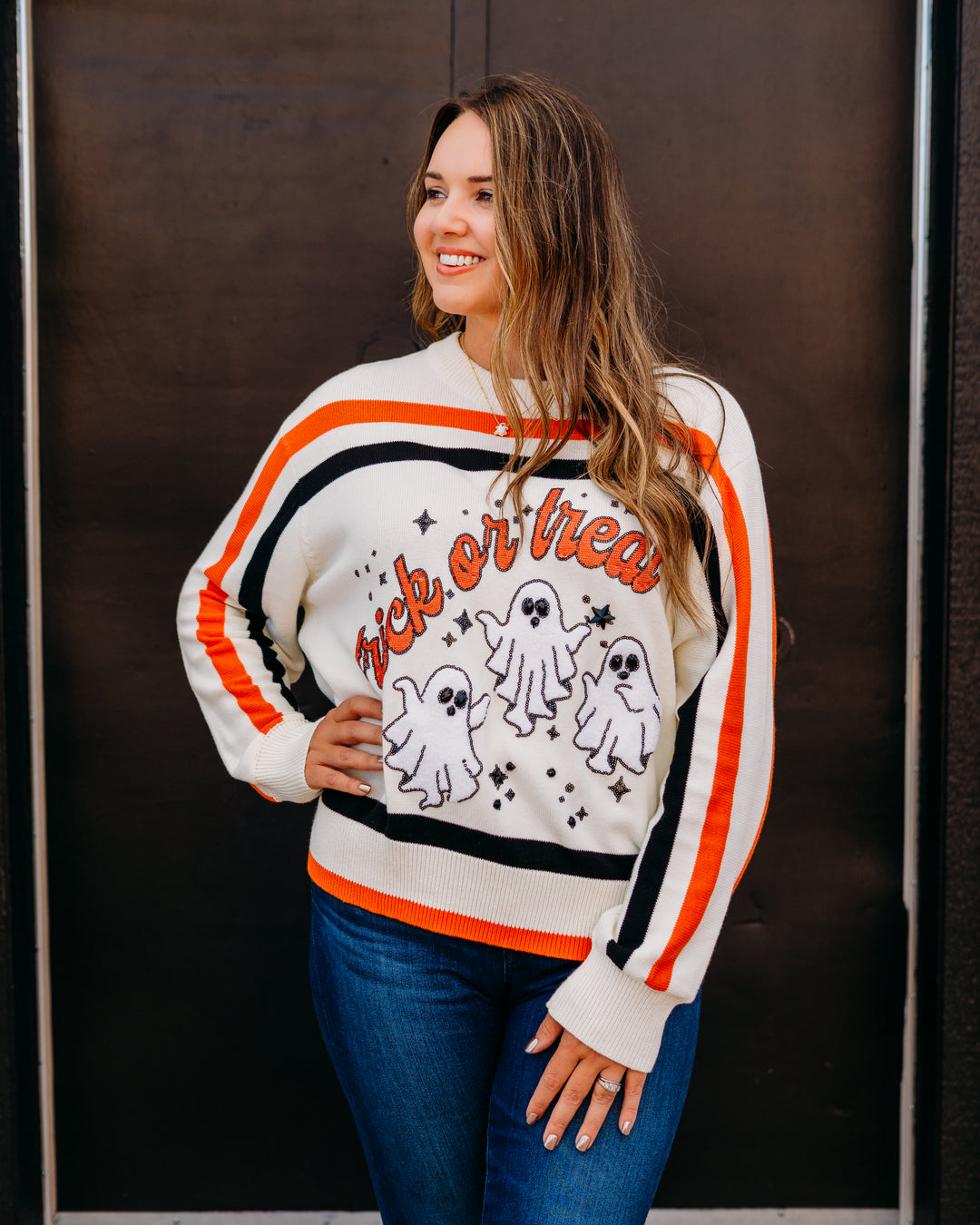 Queen of Sparkles: 'Trick or Treat' Long Sleeve Sweater in White, Black, & Orange Stripe.
