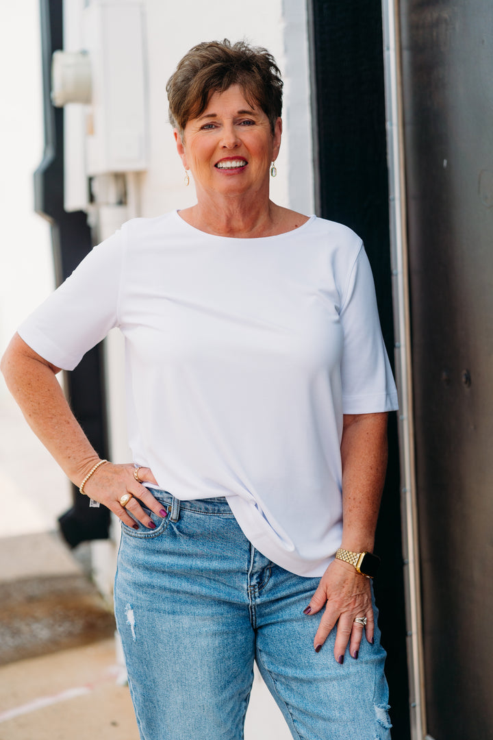 Multiples: (Liberty) Elbow Sleeve Solid Comfort Knit in White M25102TM