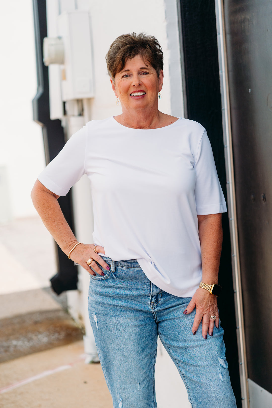 Multiples: (Liberty) Elbow Sleeve Solid Comfort Knit in White M25102TM