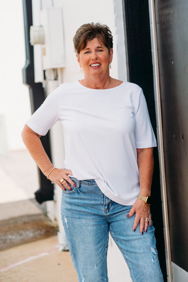 Multiples: (Liberty) Elbow Sleeve Solid Comfort Knit in White M25102TM