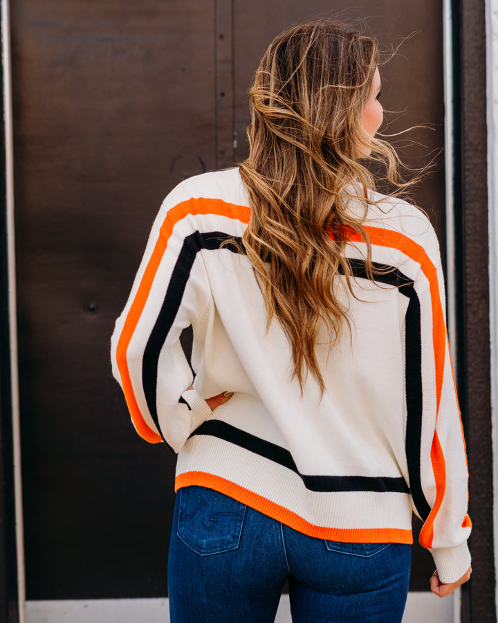 Queen of Sparkles: 'Trick or Treat' Long Sleeve Sweater in White, Black, & Orange Stripe.