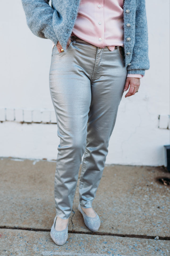 Kut: Charlize High Rise Fab Ab Cigarette Leg Raw Hem in Dark Silver