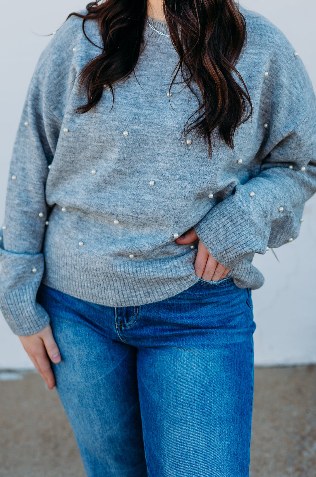 Karen Kane: Pearl Crewneck Sweater in Light Heather Grey