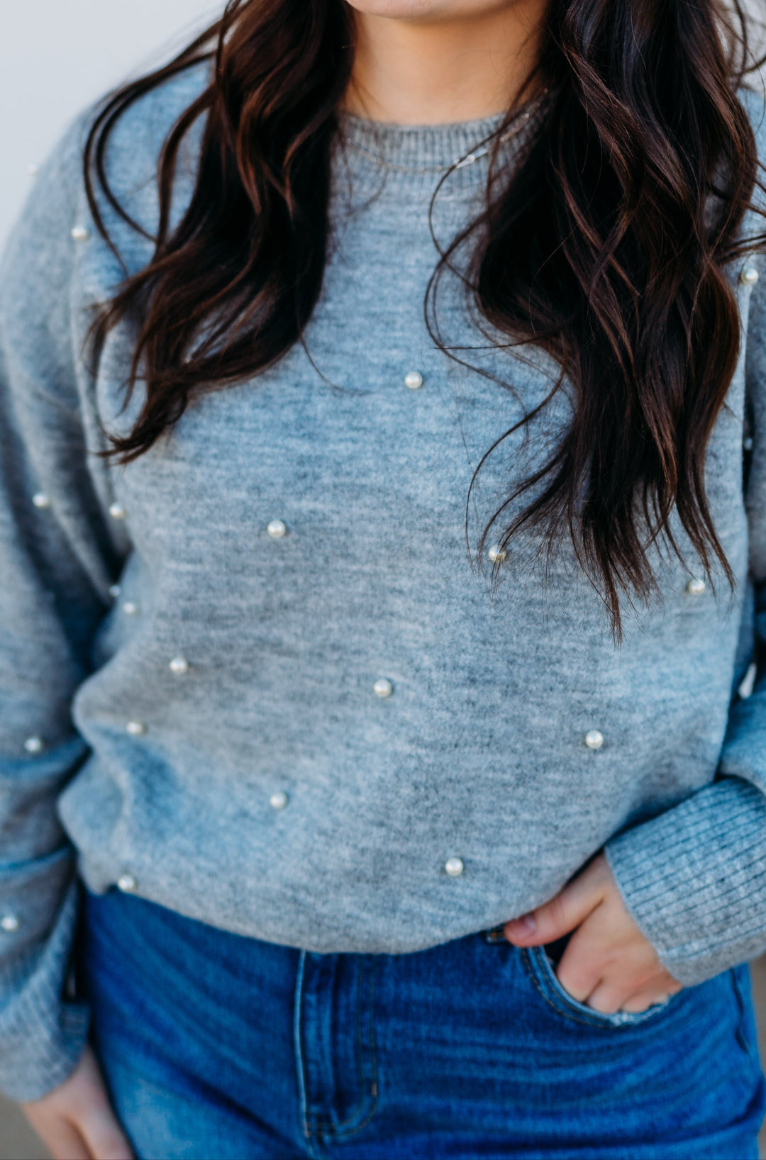 Karen Kane: Pearl Crewneck Sweater in Light Heather Grey