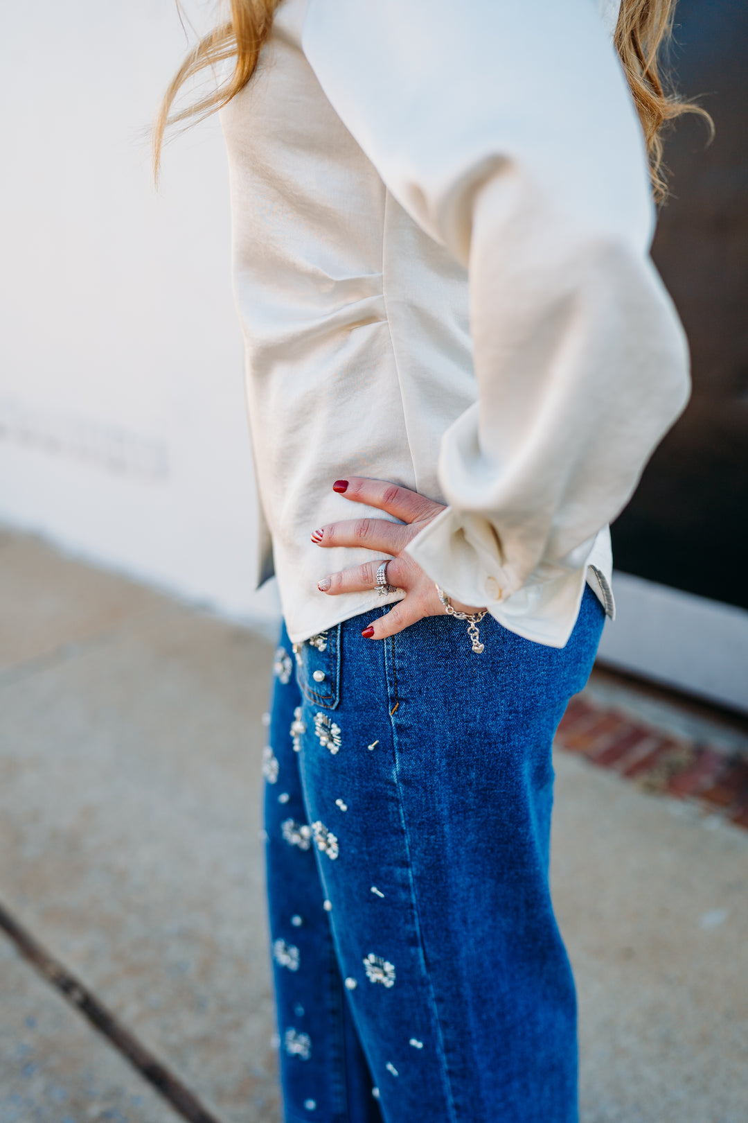 Karen Kane: Satin Side Pleat Shirt in Cream