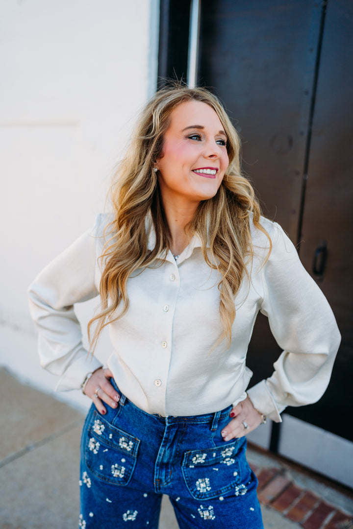 Karen Kane: Satin Side Pleat Shirt in Cream