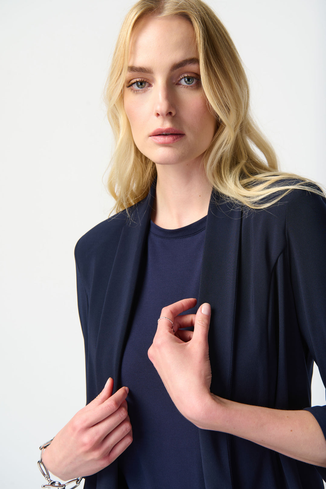 Joseph Ribkoff: Silky Knit Shawl Collar Cover-Up in Midnight Blue 241104