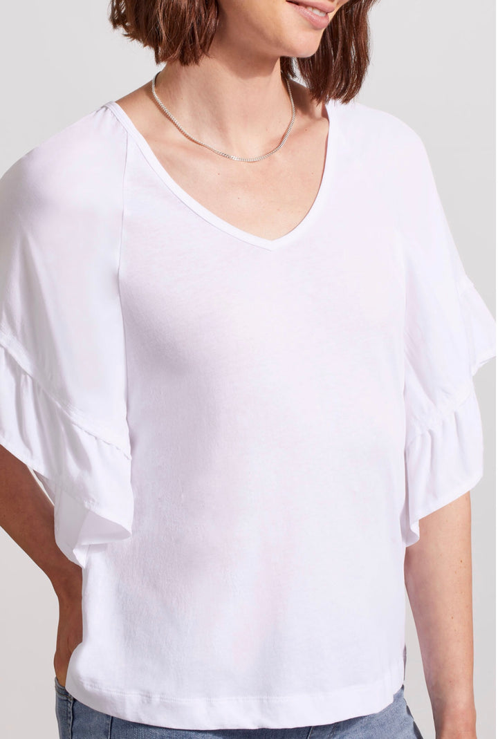 Tribal: V-Neck Raglan Combo Sleeve Top in White 5479O-4791