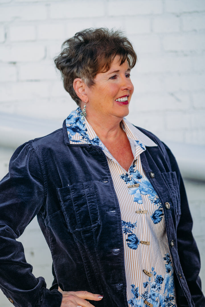 Multiples: Turn-Up Cuff 3/4 Sleeve Shirt in Multi M15307BM