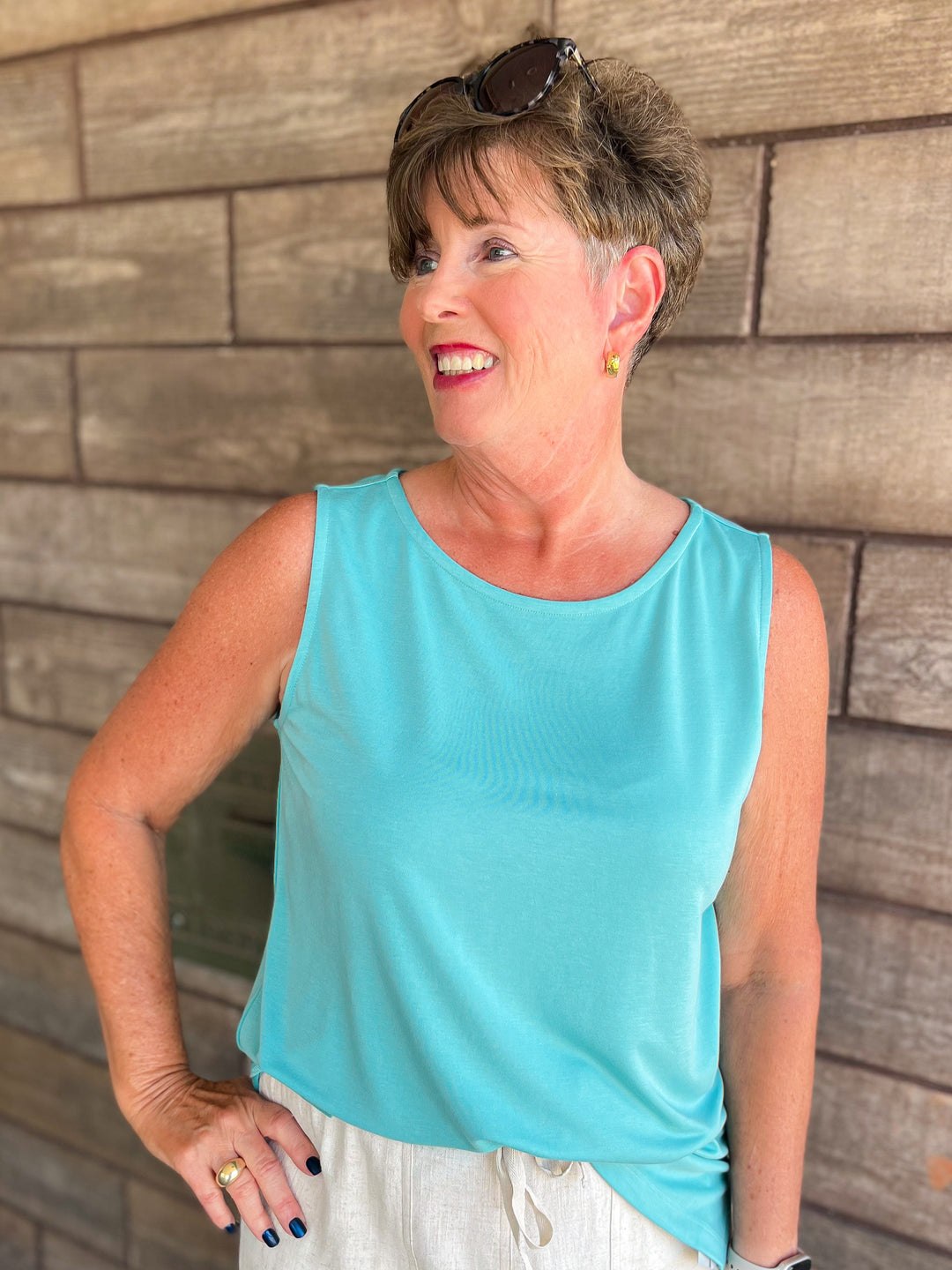 Multiples: Scoop Neck Tank Top in Aqua M34103TM